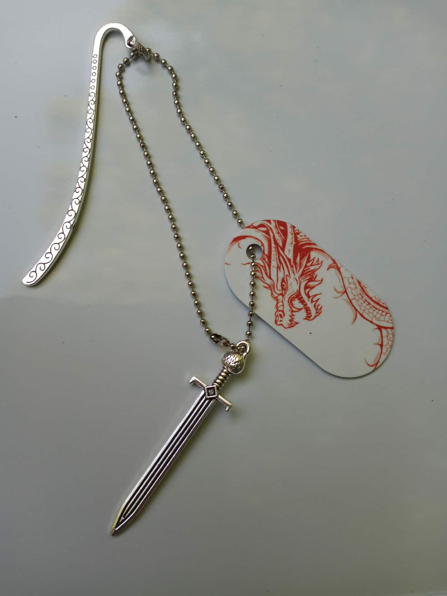 3 metal bookmarks/ owl, elephant dragon/sword dog tags