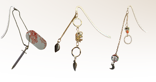 3 metal bookmarks/ owl, elephant dragon/sword dog tags
