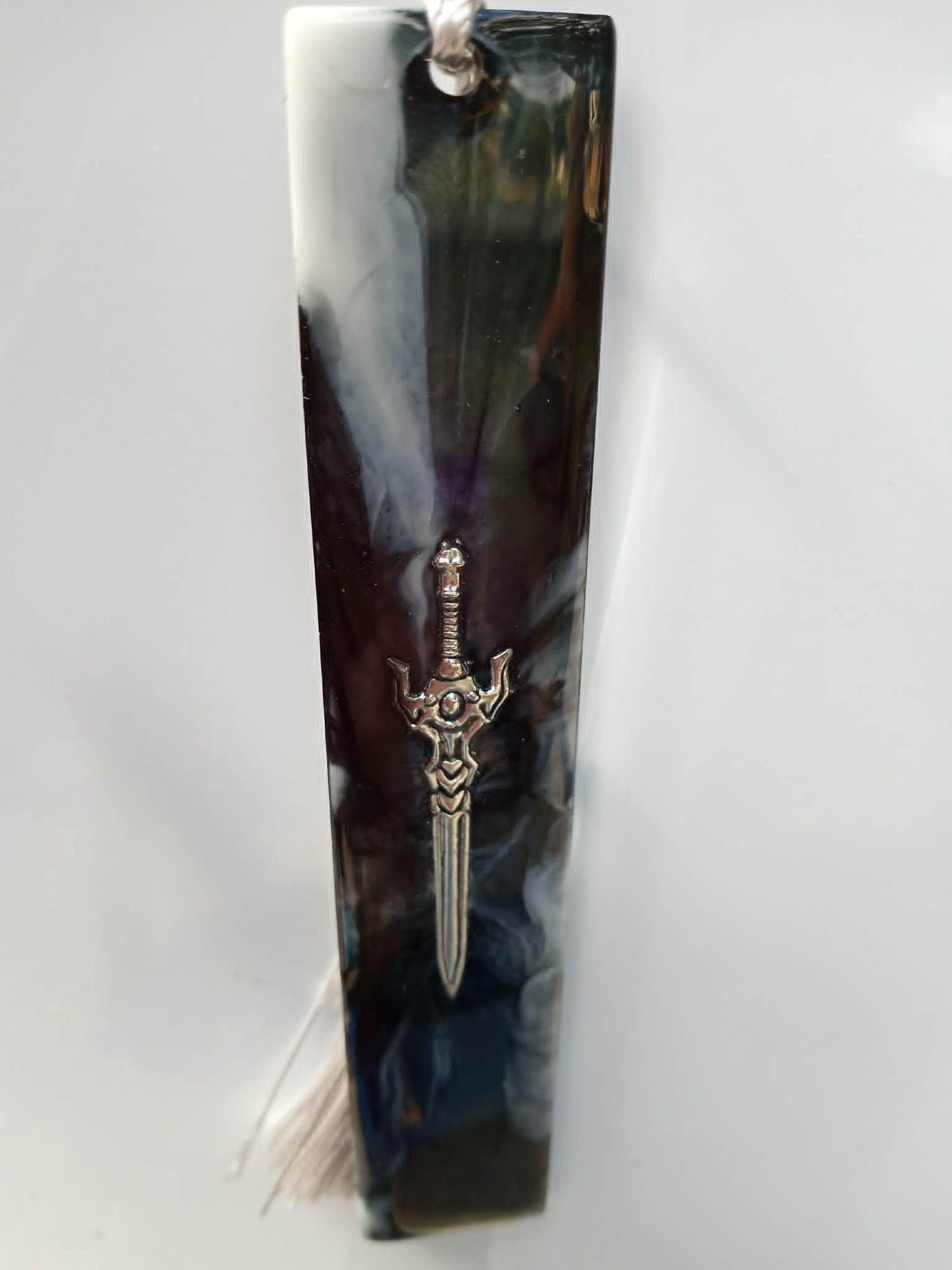 Resin bookmark with metal sword marble black and white